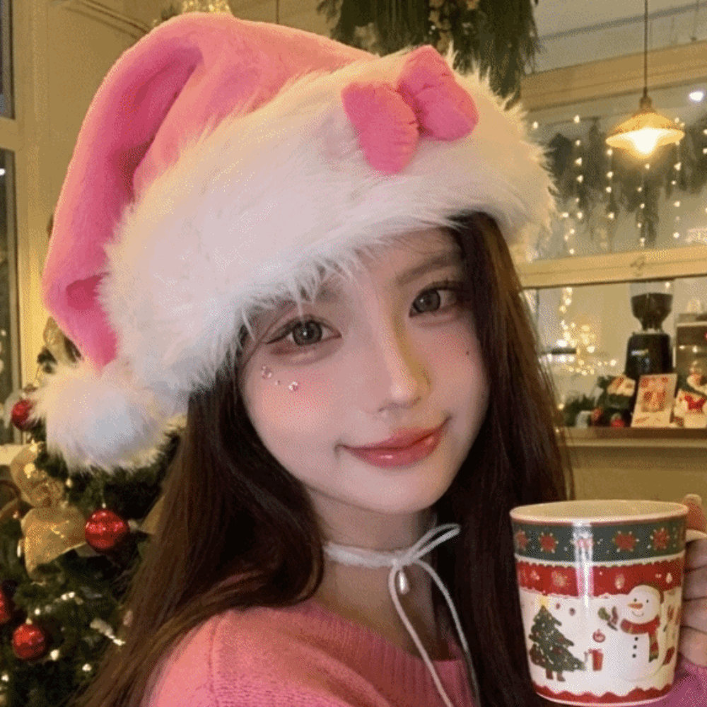 Santa Hat Plush - New Star Pattern Pink Bow Santa